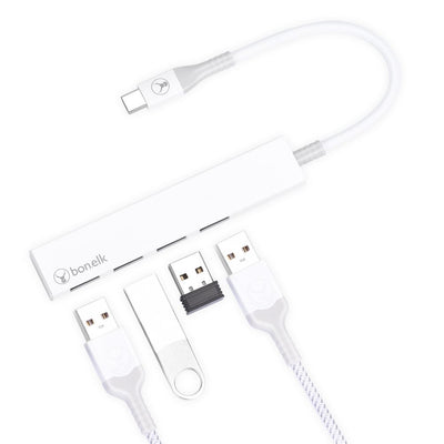 Bonelk Long-Life USB-C to 4 Port USB 3.0 Slim Hub White