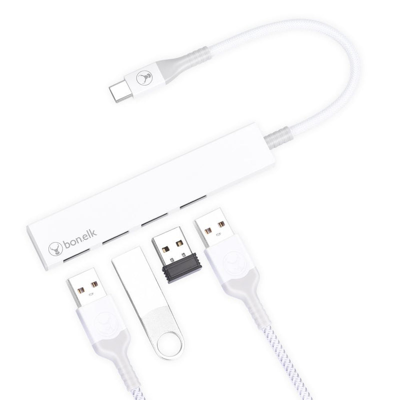 Bonelk Long-Life USB-C to 4 Port USB 3.0 Slim Hub White