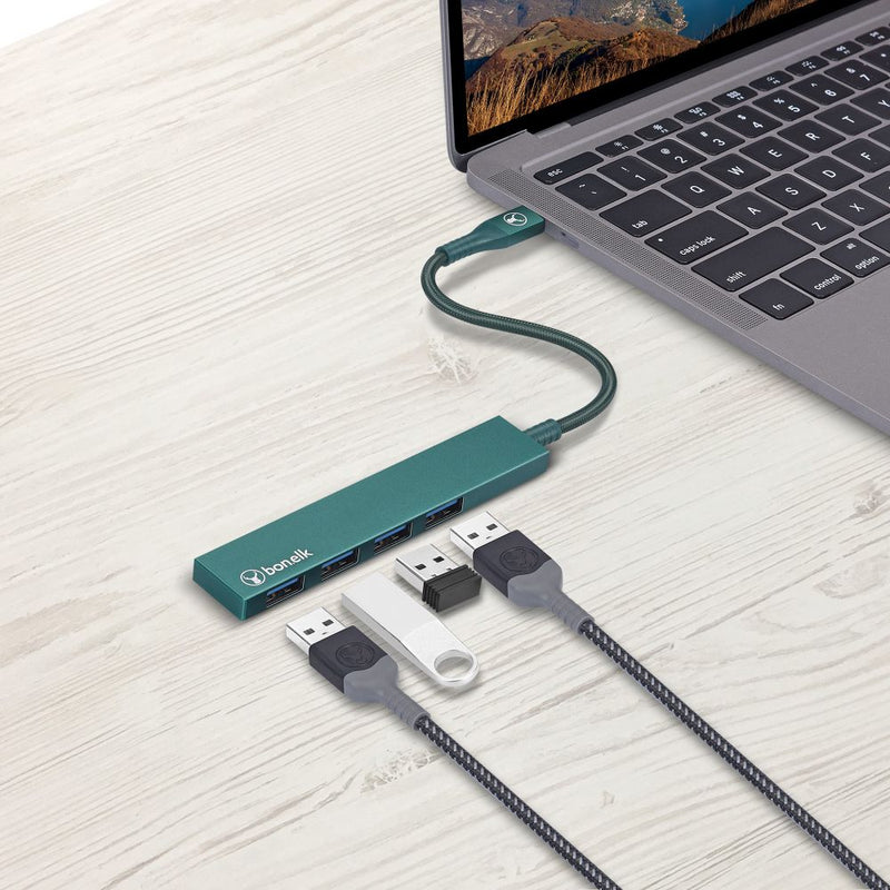 Bonelk Long-Life USB-C to 4 Port USB 3.0 Slim Hub Green
