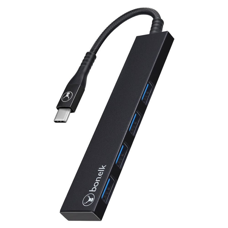 Bonelk Long-Life USB-C to 4 Port USB 3.0 Slim Hub Black