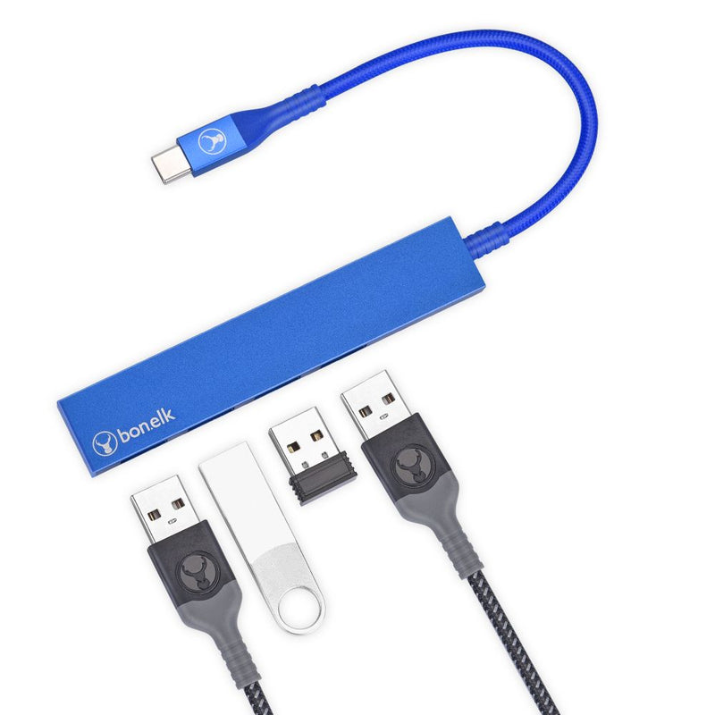 Bonelk Long-Life USB-C to 4 Port USB 3.0 Slim Hub Blue