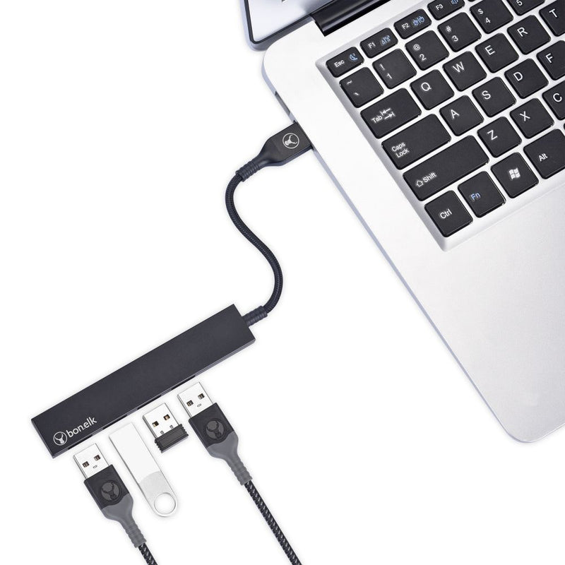 Bonelk Long-Life USB-A to 4 Port USB 3.0 Slim Hub Black